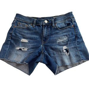 J Crew Indigo Denim Jean Shorts 27 Blue Distressed Low Rise Faded Medium Wash